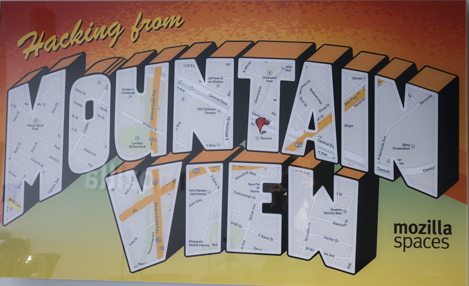 "Hacking from Mountain View." A sign in Mozilla's Mountain View office, photographed in 2013, the year before the crisis.