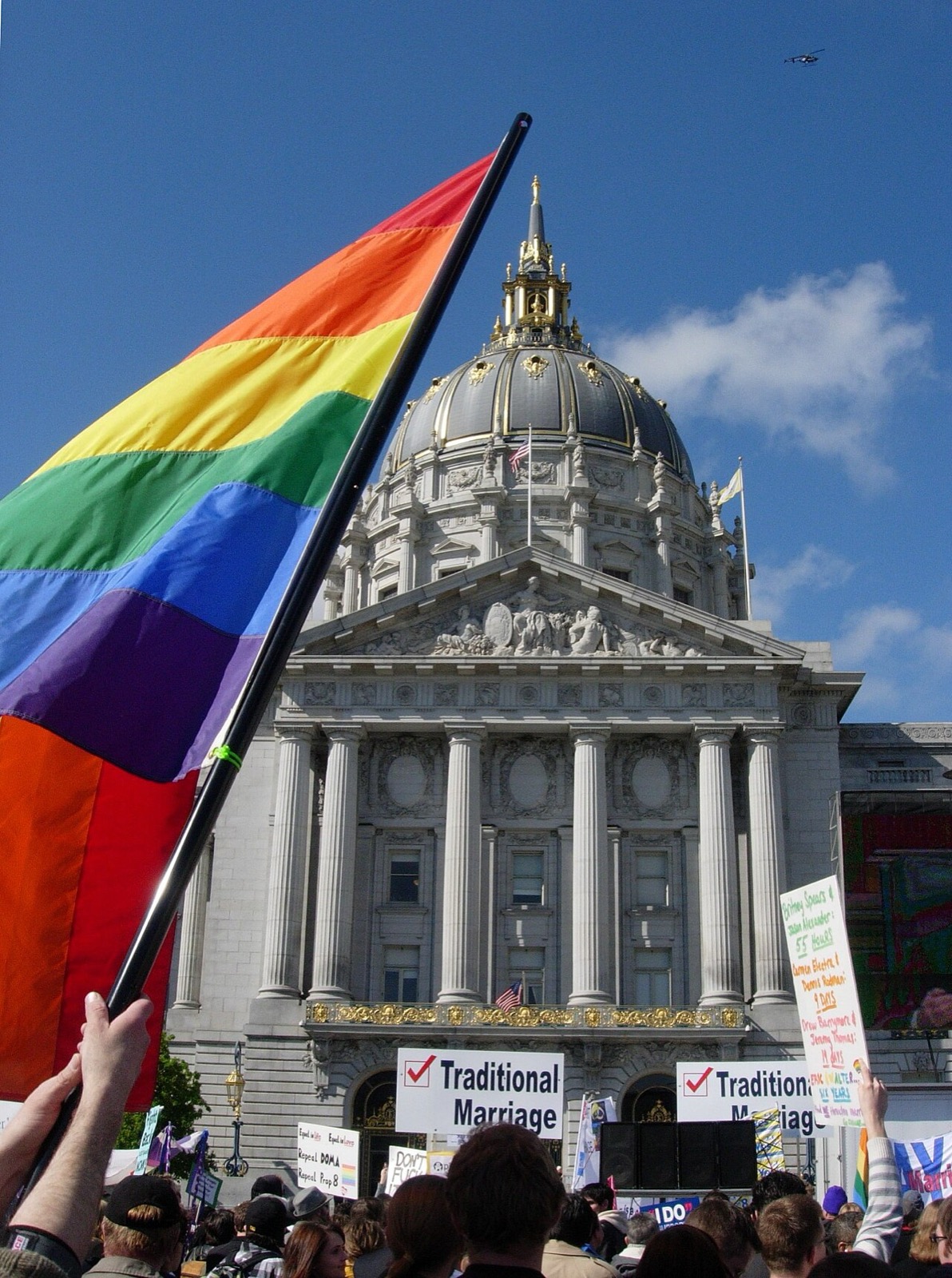 Supporters and opponents of Proposition 8 rally outside San Francisco City Hall as the California Supreme Court hears arguments on the measure, March 2009.
