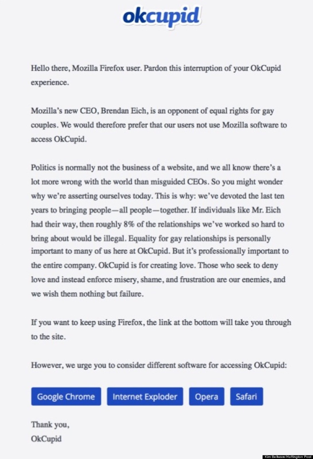 What Firefox users saw when they opened OkCupid on the morning of March 31, 2014. Note the spelling of "Internet Exploder" in the second button.