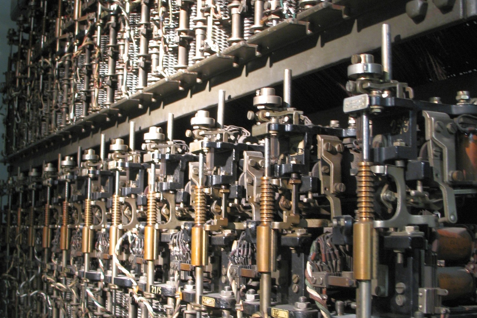 A bank of Strowger selectors in a telephone exchange. Erlang was built to keep machines like this running.