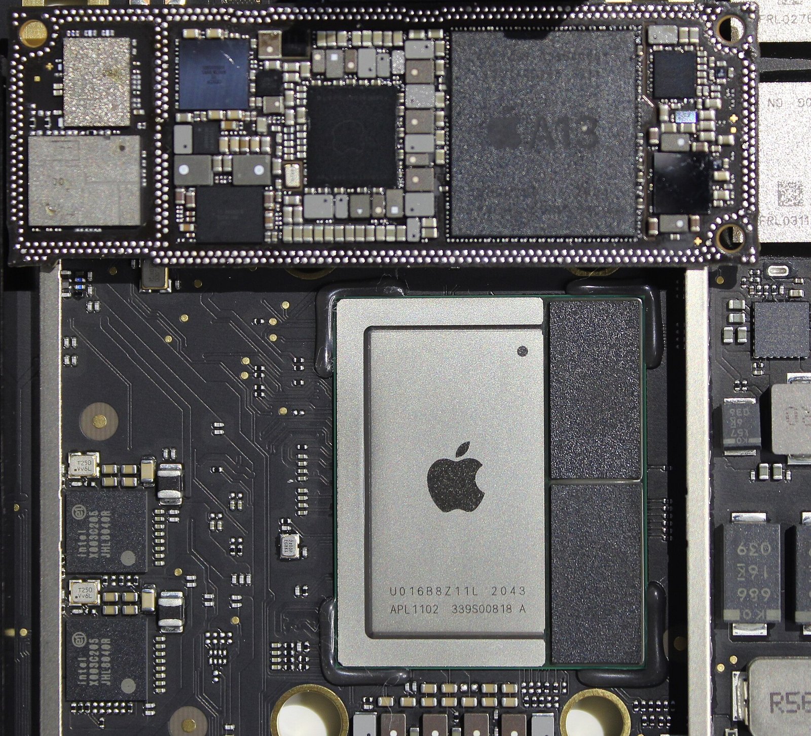 An iPhone-class A13 board stacked above the Mac mini's M1 package: by 2020, the phone chip and the computer chip were one family