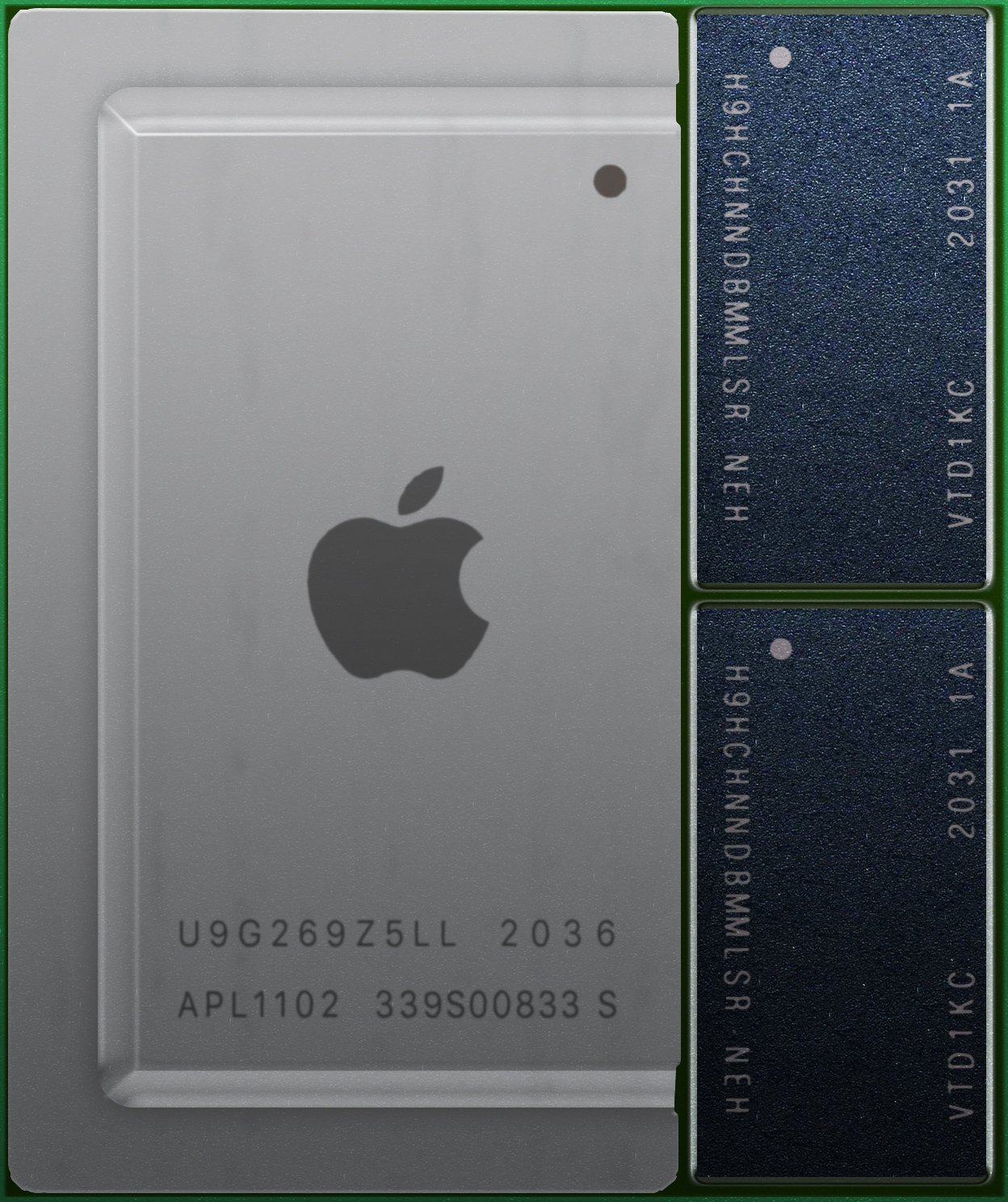 Apple M1 package: the SoC die on the left, and two LPDDR memory stacks sitting right beside it on the same substrate