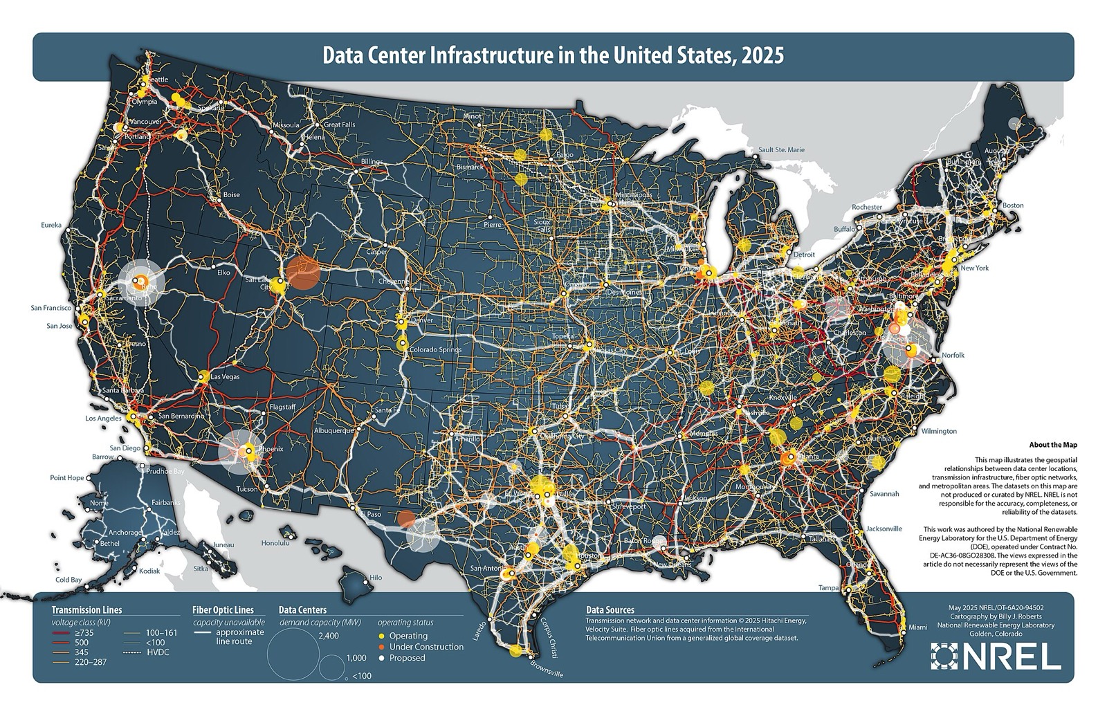 NREL map of US data centres overlaid on high-voltage transmission and fibre lines, 2025