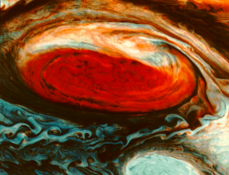 Voyager 1's view of Jupiter's Great Red Spot, rendered in false color to bring out cloud structure.
