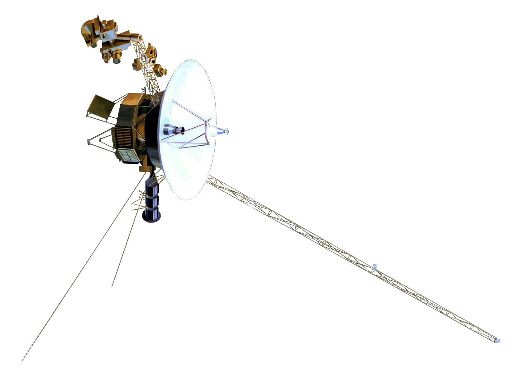 The Voyager spacecraft, with its 3.7-meter high-gain antenna, instrument booms, and the long magnetometer mast.