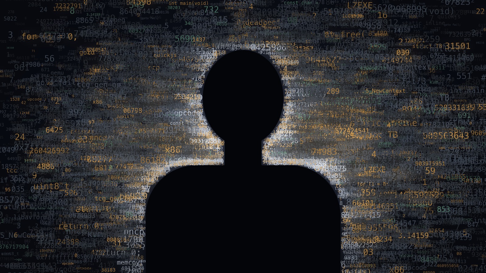 A cloud of pi digits and C code with a human-shaped void at its center