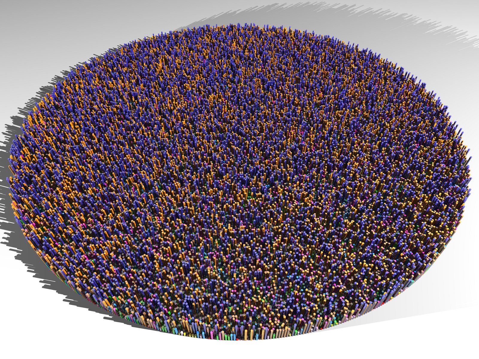 The digits of pi, each one rendered as a rod whose color and height encode its value. Bellard computed nearly 2.7 trillion of them on a desktop.