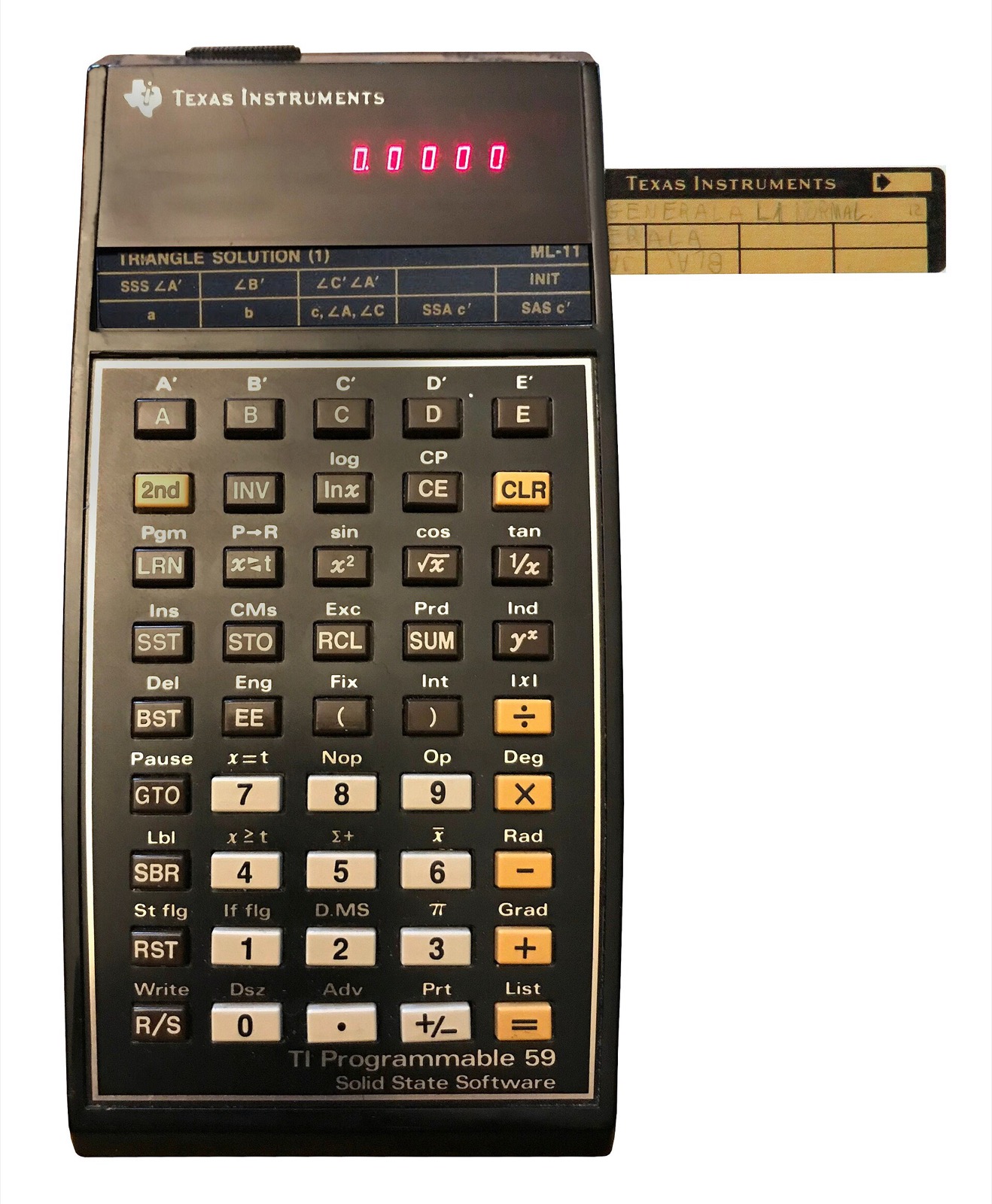 The Texas Instruments TI-59, with its magnetic program card and red LED display. Bellard was programming one at nine.