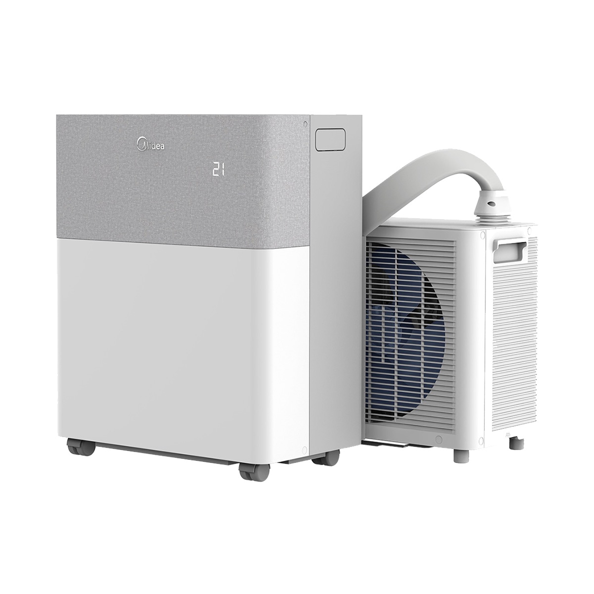 The Midea PortaSplit portable air conditioner, showing its rolling indoor unit and compact window-mounted outdoor module.