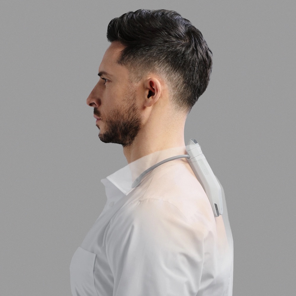 Sony's Reon Pocket Pro wearable thermal device, worn as a neckband at the base of the neck.