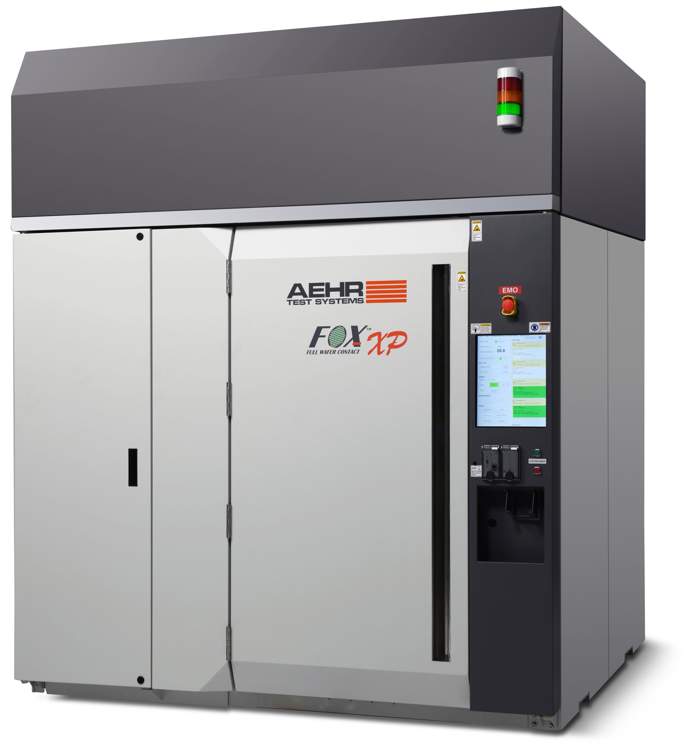 An Aehr Test Systems FOX-XP wafer-level burn-in system — a large floor-standing tool with double doors and a control panel — used to stress-test full wafers at extreme temperature and current.
