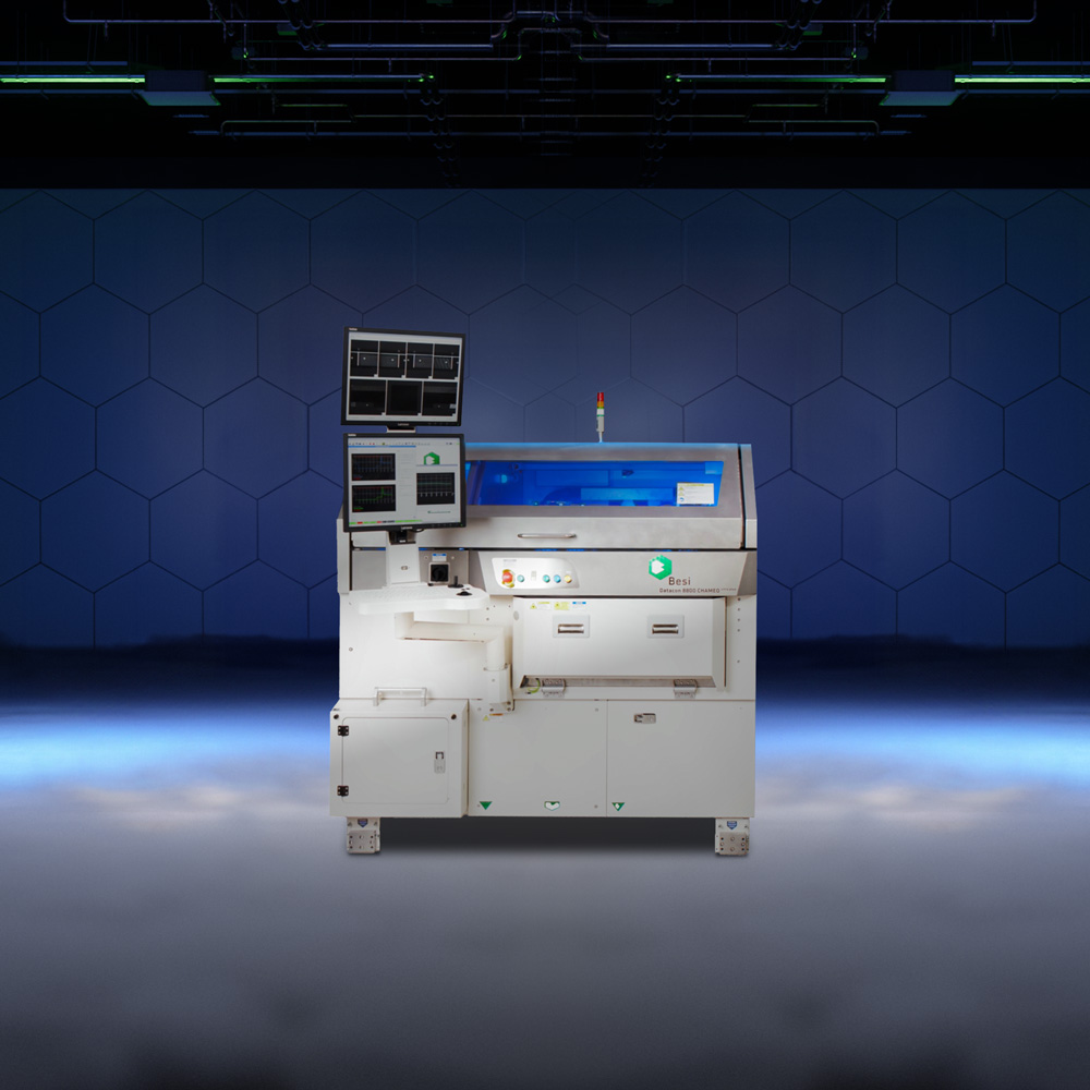 A BESI Datacon 8800 CHAMEO hybrid bonding system — a sleek production tool with dual monitors — staged in a stylized cleanroom setting.