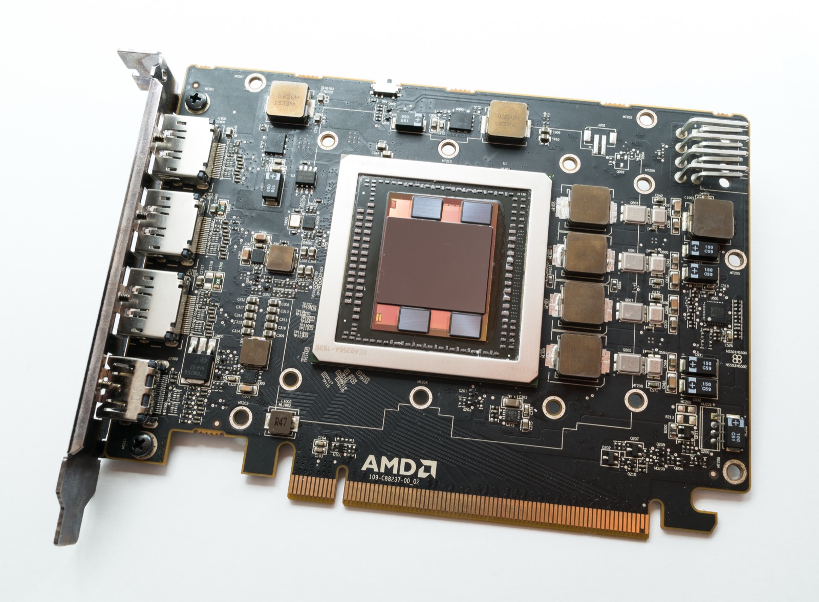 An AMD Radeon R9 Nano package: the GPU die at center with HBM stacks bonded right beside it. The base die at the bottom of each stack is becoming "smart" in the HBM4 generation.