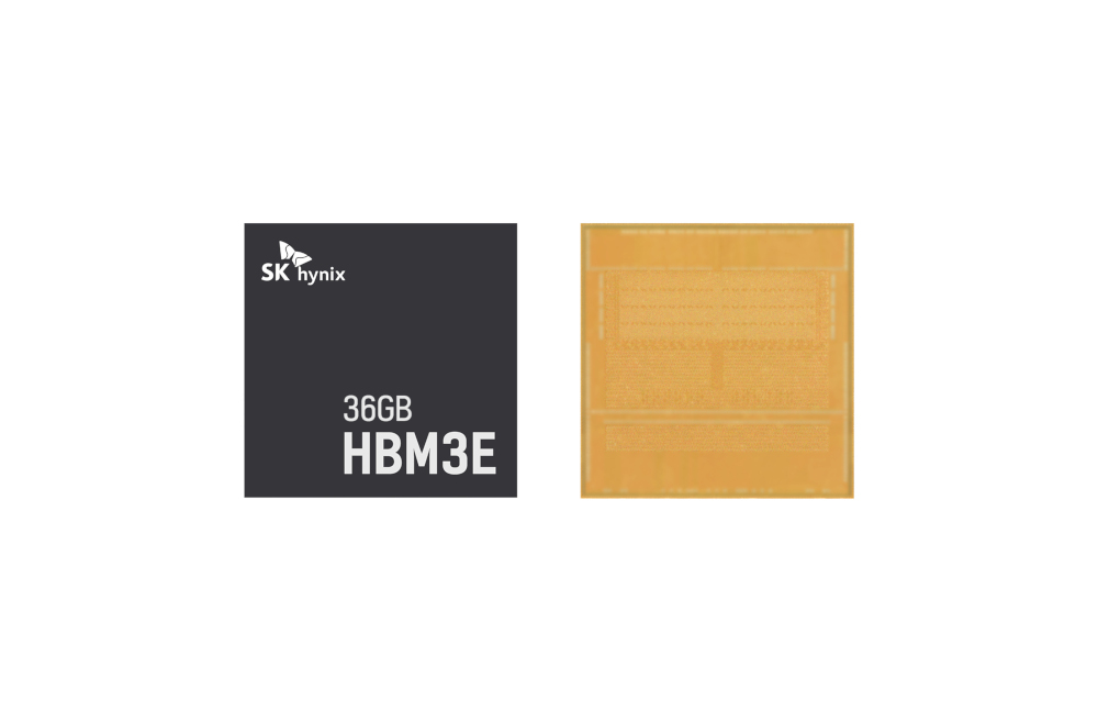 SK Hynix's 36GB 12-layer HBM3E product: a small dark memory package beside a gold-toned view of its internal stack.