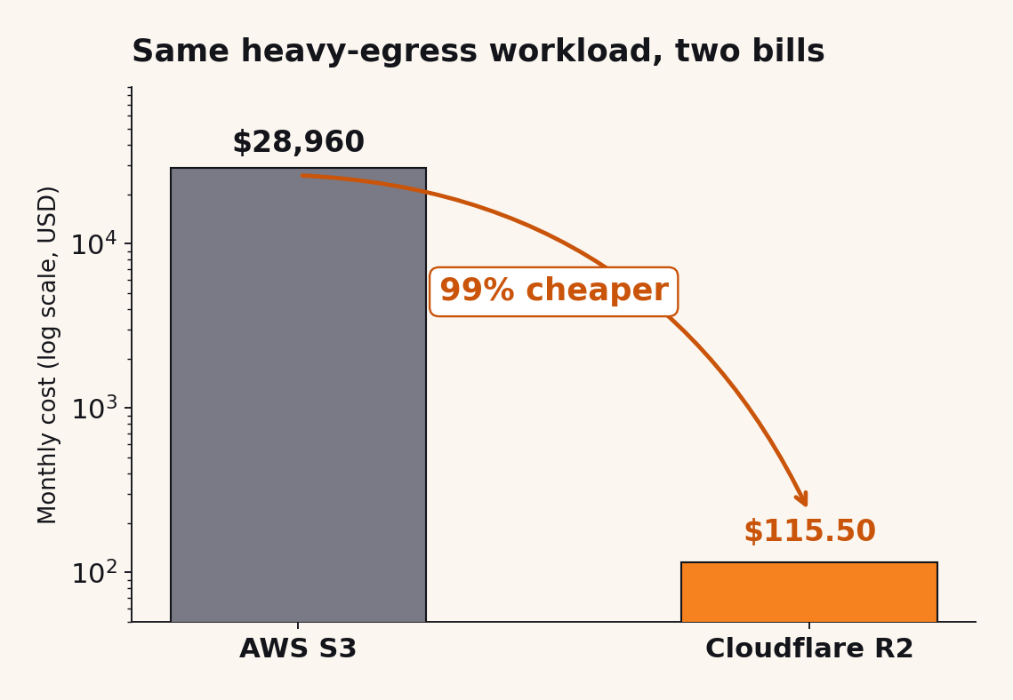 Log-scale bar chart comparing a $28,960 monthly AWS S3 bill against $115.50 on Cloudflare R2 for the same heavy-egress workload, labeled 99% cheaper