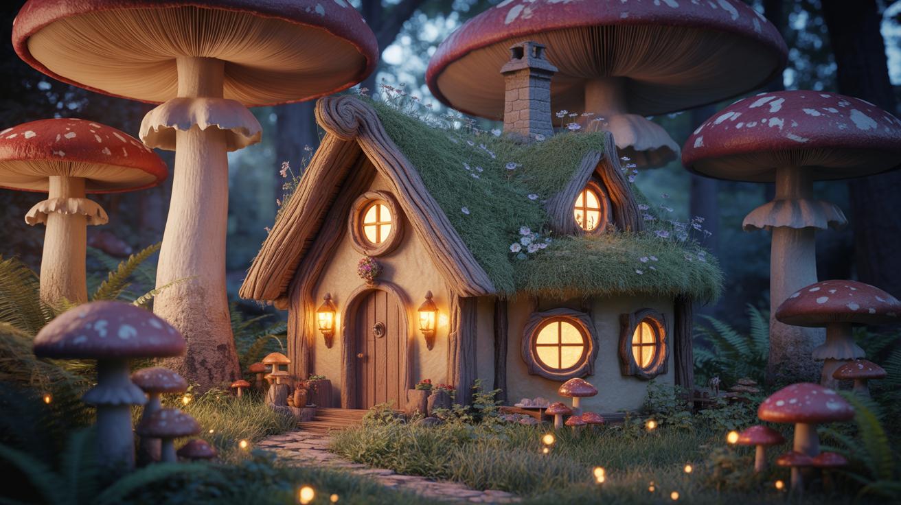 An imaginary, explorable 3D world—a glowing mushroom-forest cottage—generated by World Labs' Marble model from a single prompt.