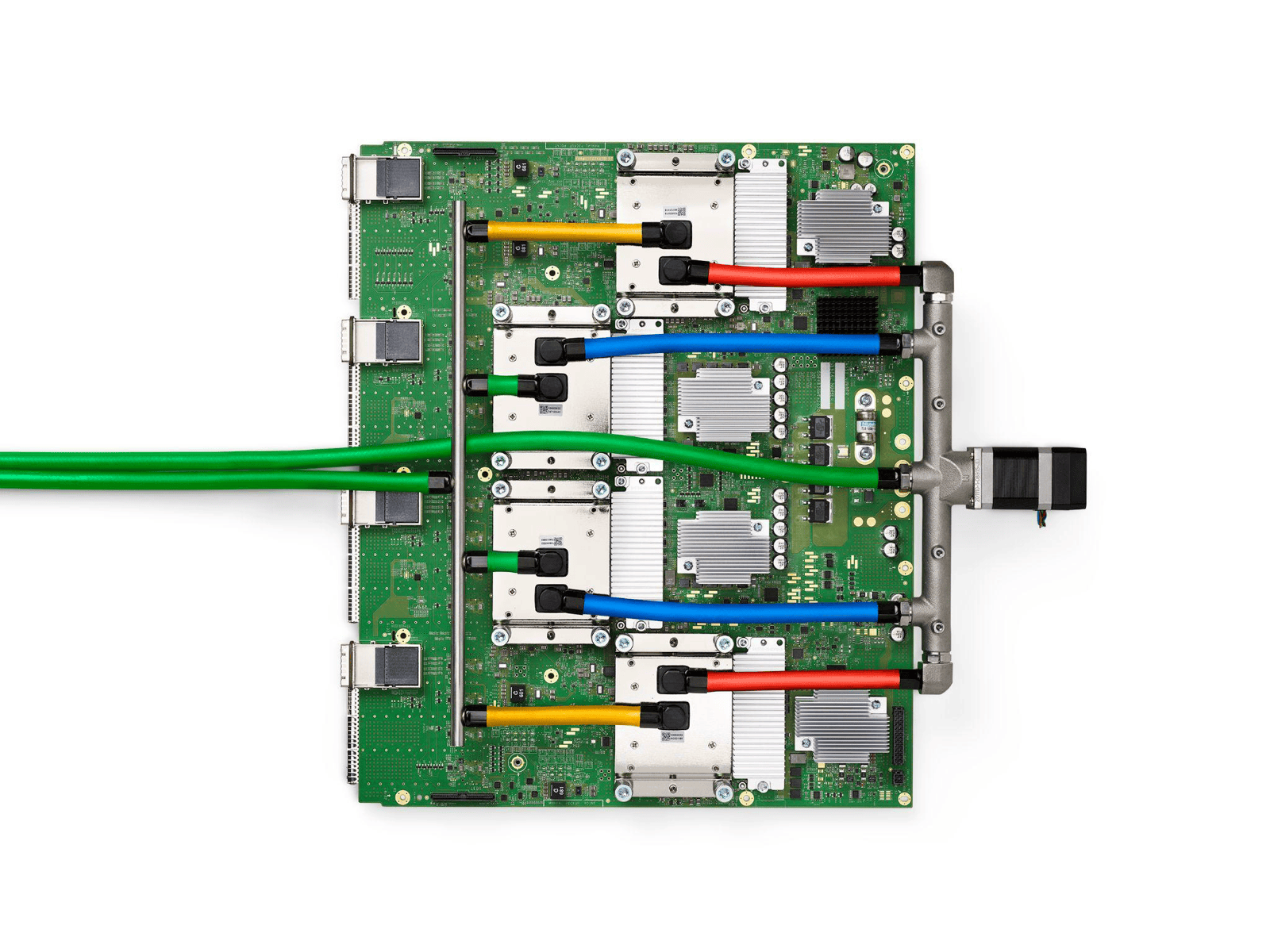 Google's liquid-cooled TPU v4 board: four accelerator packages, each ringed by four stacks of High-Bandwidth Memory and fed by colored coolant lines. A frontier chip like this marries a half-billion-dollar design to sold-out memory, sold-out packaging, and a twenty-year software moat — and its blueprint has never been released.